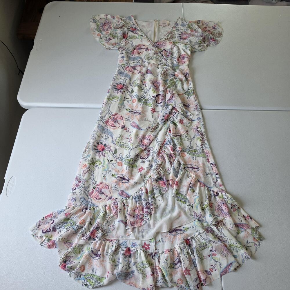 Cinq A Sept Dress Womens 4 White Floral Chiffon Maxi Wrap Ruffle Puff Sleeve